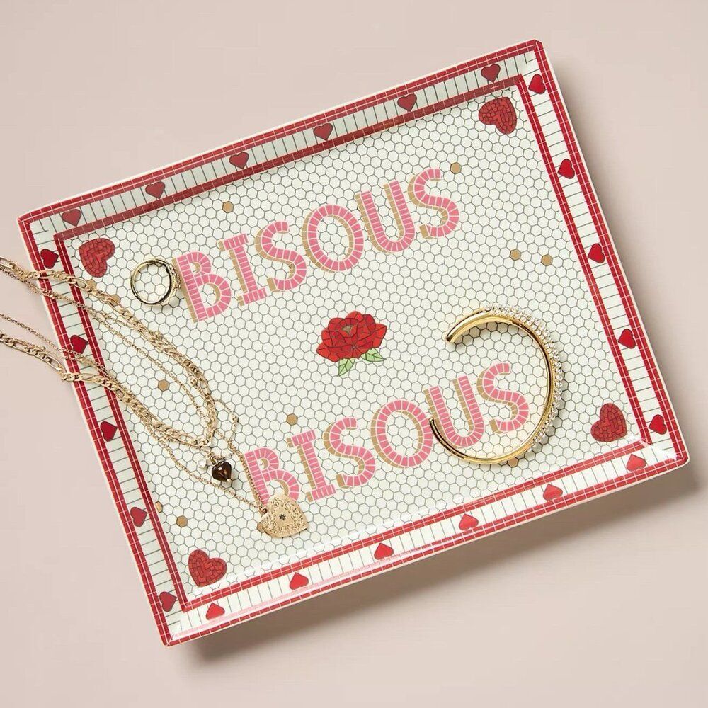 Anthropologie Bistro Tile Tray Valentine’s Edition Red Pink Dish Platter Bisous